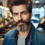 Hombre con barba y bigotes canosos bien cuidados y pelo castaño